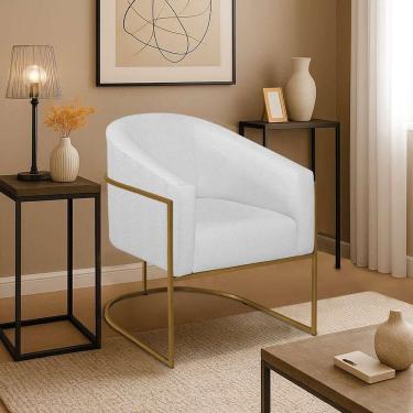 Imagem de Poltrona Decorativa Jade Moderno Escritório Confortável Luxo Base De Ferro Dourado Suede Branco