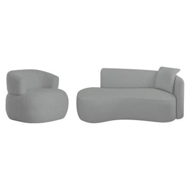 Imagem de Kit Divã Recamier 180cm E Poltrona Luxo Suíça Lado Esquerdo Bouclé Cinza