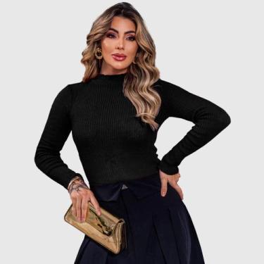 Imagem de Blusa Feminina Cacharrel Manga Longa Tricô - BRUNA MALHAS, Preto
