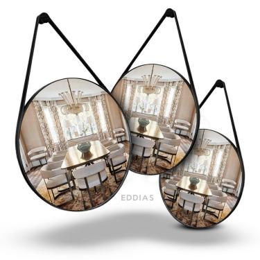 Imagem de Espelho Decorativo Espelho Adnet Couro Costurado com Alça Redondo Kit 4 60cm 50cm 40cm 30cm Moldura para Sala Preto OEM