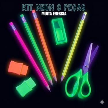 Imagem de Kit Material Escolar Neon Lapis Triangular Borracha Com Capa Tesoura I