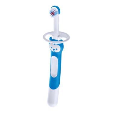 Imagem de MAM Baby 1 Escova de Dentes Training Brush Com Cabo Extralongo, Ergonômico e Fácil de Segurar para Crianças de 5+ Meses com Trava de Segurança, Azul