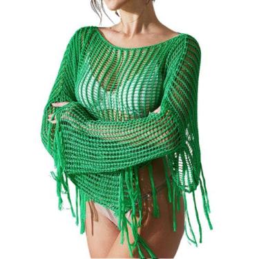 Imagem de Saída de Praia Crochê Tela com Franjas Feminina - anjo da mamãe, Verde