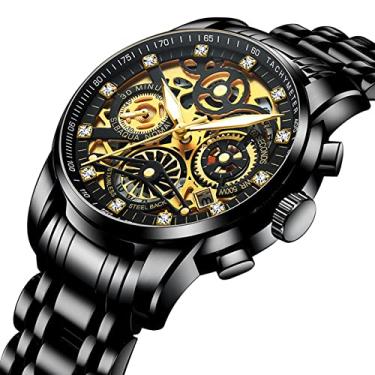 Imagem de Relógio de pulso masculino analógico moderno de quartzo com mostrador de 3 horas e data, vestido de esqueleto casual pulseira de aço inoxidável à prova d'água, preto