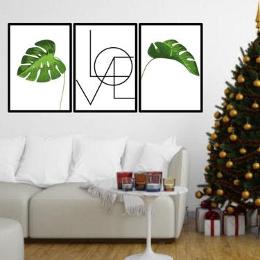 Imagem de Kit 3 Quadros Decorativos Love Folhas Tropicais Verdes
