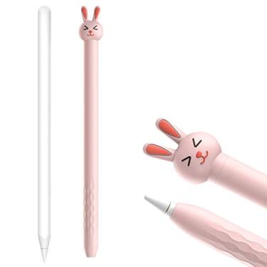 Imagem de Gesuche Capa compatível com Apple Pencil 2ª geração, bonito desenho animado animal anti-queda protetor de silicone capa de pele suporte de bolso caneta stick kit de acessórios para iPad (coelho rosa)