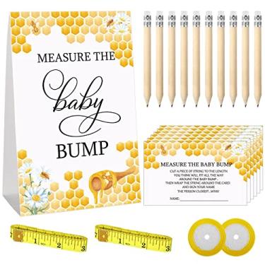 Imagem de 65 Pieces Baby Shower Games Include Honeycomb Measure The Baby Bump Sign How Big is Mommy's Belly Sign and 50 Guessing Cards 10 Pencils 2 Ribbons 2 Measuring Tapes for Baby Shower Party Decorations