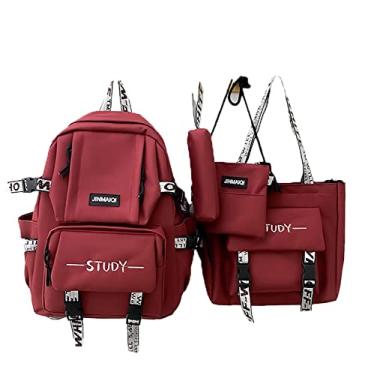 Imagem de Conjunto de mochila de casal 4 em 1 Harajuku mochila de viagem ao ar livre bolsa de lona de grande capacidade com bolsa de moedas estojo de lápis, vermelho, 43 x 30 cm