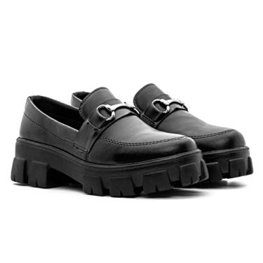 Imagem de Sapato Mocassim Feminino Oxford Casual Solado Plataforma Tratorado Vintage - Preto/Metal/36