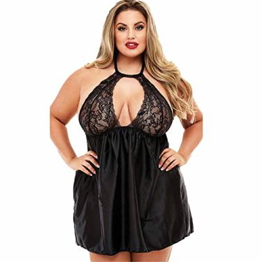 Imagem de Saia noturna de renda pijama loungewear ultramacio conjunto de pijama feminino camisola confortável plus size, preto, 5GG (90kg/185cm)
