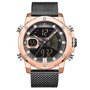 Imagem de NAVIFORCE Relógio de pulso masculino digital de aço inoxidável com pulseira de malha esportiva à prova d'água com alarme militar relógio de pulso duplo horário, Ouro rosa, preto, preto, Digital