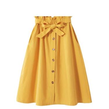 Imagem de Saia feminina de cintura alta WSLCN, elegante, casual, vintage, plissada, com botões, saia midi com bolsos para cinto, Amarelo, Waist 23.6"-38.6"