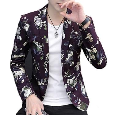 Imagem de Blazer masculino slim primavera casual floral terno jaqueta elegante casamento negócios casaco leve um botão poliéster manga comprida, preto, 2GG (busto: 100 cm)