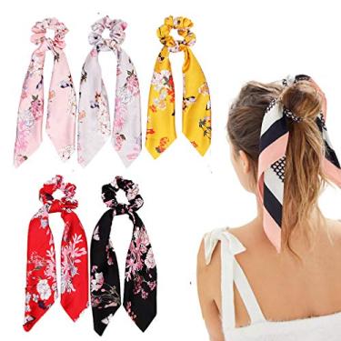 Imagem de Scrunchies de cabelo de cetim de seda, cachecol de cabelo com padrão de flor, listrado e estampado Bobbles para suporte de rabo de cavalo, 5 Pcs Flower Pattern Silk