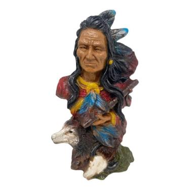 Imagem de Escultura Índio Xamã Lobo Guerreiro Apache 21 cm em Resina