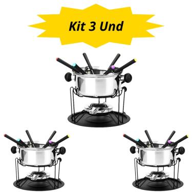 Imagem de Kit 3 Jogo Fondue Inox 6 Garfos Suporte Prato Fogareir 410ml