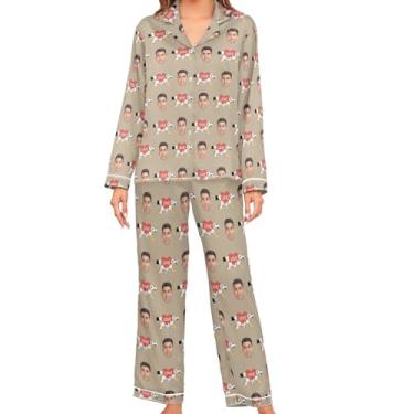 Imagem de JUNZAN Conjuntos de pijama feminino de cetim amarelo personalizado manga comprida pijama feminino de botão personalizado, Caqui, G