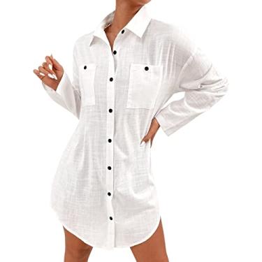 Imagem de Vestido feminino 2023 novo camisa manga curta vestido envelhecido botão casual túnica top feminino vestido bege, Branco, GG