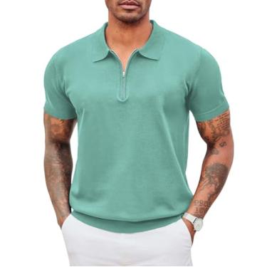 Imagem de COOFANDY Camisa polo masculina com zíper casual de malha manga curta camiseta polo camiseta de ajuste clássico, Liso - Turquesa, XXG
