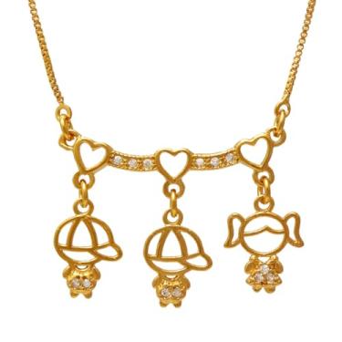 Imagem de Colar de Filhos Mãe de Dois Meninos e Uma Menina com Corações Folheado em Ouro 18K SoftJoias