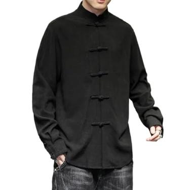 Imagem de Camisa masculina com botões chineses primavera outono algodão linho manga longa cor sólida casual cardigã masculino business top, Preto, XXG