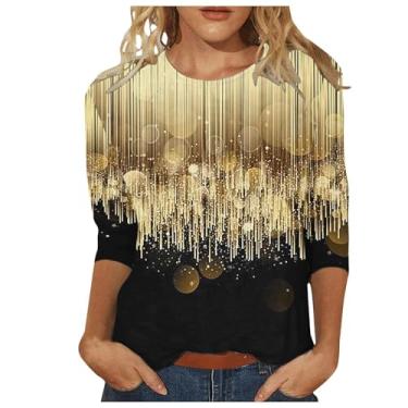 Imagem de Blusa feminina de manga 3/4 de comprimento 2023, roupas modernas listradas, cor sólida, gola redonda, blusa macia e aconchegante, camisetas fofas, Dourado, M