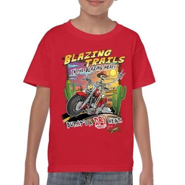 Imagem de Camiseta juvenil Blazing Trails Skeleton Biker Riding Motorcycle Dry Heat Highway Cowboy Skull Cactus Southwest Kids, Vermelho, GG