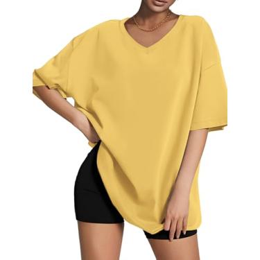 Imagem de ATHMILE Camisetas femininas grandes gola V meia manga confortável túnica confortável 2024 Y2K tops casuais, Amarelo limão, G