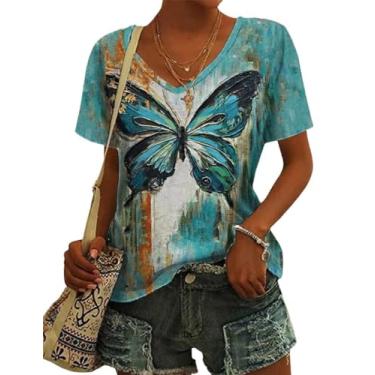 Imagem de Fronage Camiseta feminina de verão com estampa de borboleta, gola V, manga curta, fofa, casual, Verde (Bu-green), P