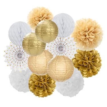 Imagem de Flâmulas de decoração de festa em ouro branco – 14 peças de lanternas de papel de noivado de Natal, pompons de tecido, bolas de favo de mel, despedida de solteira neutra para aniversário, chá de bebê, surpresa duradoura