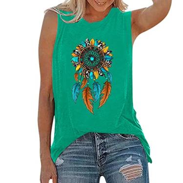 Imagem de Camiseta regata feminina de verão com estampa de penas de girassol sem mangas, gola redonda, caimento solto, camisa casual, Verde, XXG