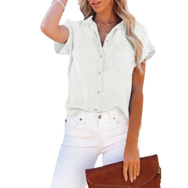 Imagem de Aoudery Camisa feminina de botão de cambraia com bolsos, túnica jeans de algodão, abotoada, manga curta, lisa, blusa alta e baixa, Branca (mistura de algodão), M