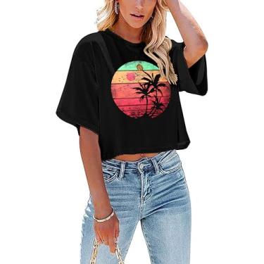 Imagem de CAZYCHILD Camisetas havaianas femininas para sol, sal e areia, coqueiro, verão, praia, estampado, camiseta cropped casual, Preto, GG