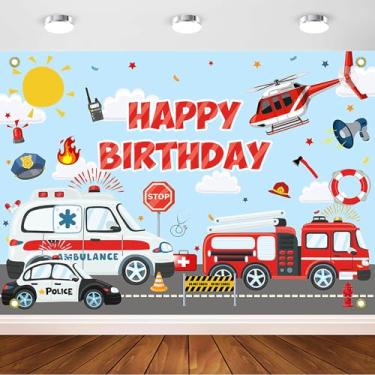 Imagem de Avezano Pano de fundo de aniversário para crianças, aviões, ambulância, carro de polícia, transporte, decoração de festa de aniversário, faixa de fundo para meninos (2,1 x 1,5 m)