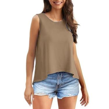Imagem de Camiseta feminina solta de cor sólida simples sem mangas solta gola rolê, Caqui, GG