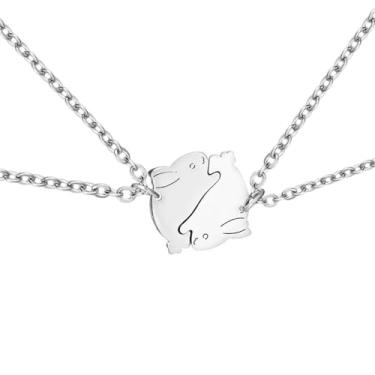 Imagem de Kumshunie Colar combinando com pingente de coelho de aço inoxidável para 2 casais BFF joias presentes para mulheres amantes de animais, Metal, Zircônia cúbica