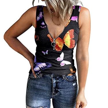 Imagem de Regatas femininas de malha canelada camiseta floral sem mangas gola V camiseta casual verão roupas abotoadas camiseta colete, Preto 4, G