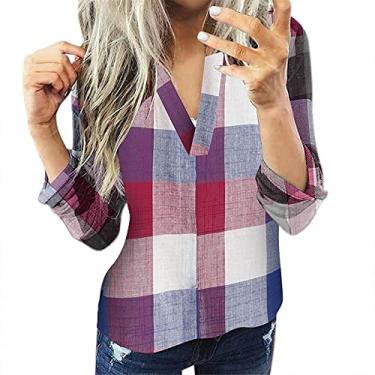 Imagem de Nagub Camisetas femininas xadrez plus size gola V manga longa trabalho escritório blusas túnica tops P-5GG, Roxa, 3G