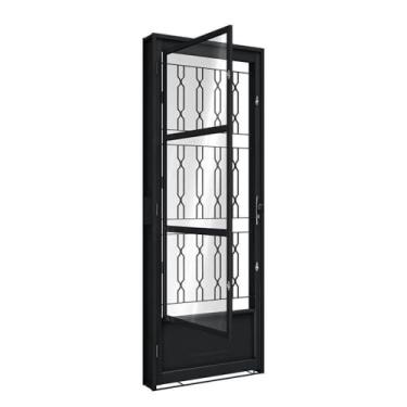 Imagem de Porta de Giro de Aço com Postigo 215 x 85 x 6,5 cm Preto Direita Grade Mosaico Riobras Pronta