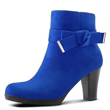 Imagem de mysoft Botas femininas com salto, salto grosso empilhado, zíper ankle boots para mulheres, Laço azul-marinho, 9