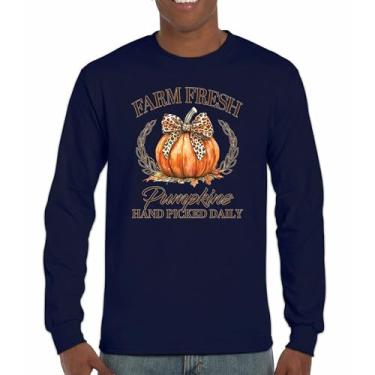 Imagem de Camiseta de manga comprida Farm Fresh Pumpkins outono aconchegante estação milho labirinto festival dia de ação de graças peru outono bonito, Azul marinho, M