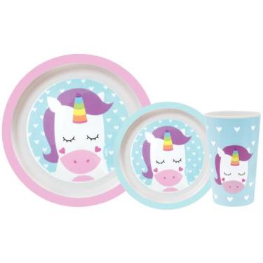 Imagem de Kit Alimentação Infantil 3 Peças Buba Animal Fun Unicórnio, Azul e Ros