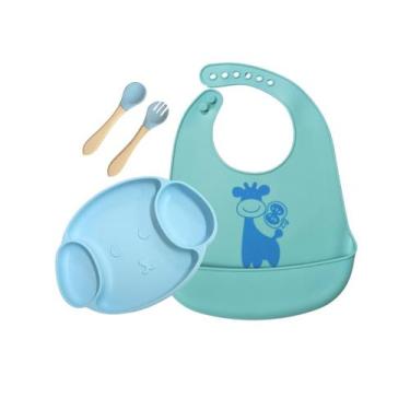 Imagem de Kit Infantil Silicone Prato Formato Urso Babador Talheres Madeira Infa