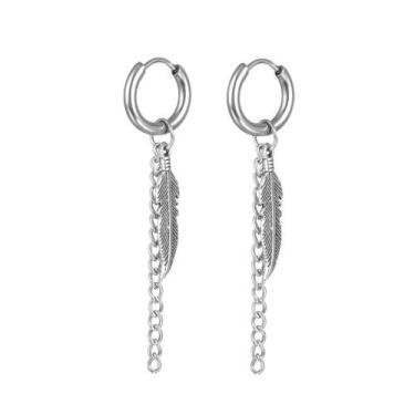 Imagem de Par brinco de pena banhado masculino feminino argola em aço inox com c
