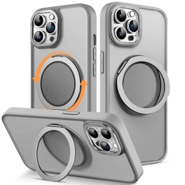 Imagem de MCKRO Capa para iPhone 15 Pro Max (6,7 polegadas), capa magnética à prova de choque com suporte giratório de 360°, compatível com carregador sem fio MagSafe (cinza)