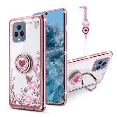 Imagem de TSAYGFK Capa para celular Revvl 6 5G para mulheres, glitter cristal borboleta coração floral fina TPU linda meninas capa protetora com suporte de anel + alça para telefone T-Mobile T 5G/6X/T telefone