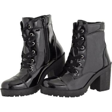 Imagem de Bota Tratorada Feminino Salto Alto Ziper Preta Verniz 1701 - Crshoes, 