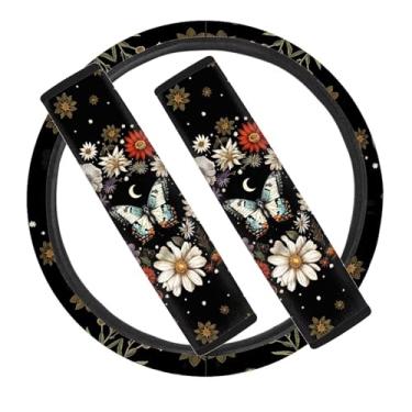 Imagem de STUOARTE Capa de volante de carro com estampa de margarida borboleta, pacote com 2 almofadas de cinto de segurança para veículos, capas de cinto de segurança de ombro macias e confortáveis, ajuste