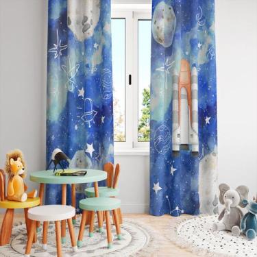Imagem de Cortina Tecido Oxford Quarto Infantil Espaço Galáxia Foguete Aquarelad
