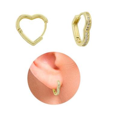 Imagem de Brinco de argola folheado a ouro em forma de coração com micro zircôni